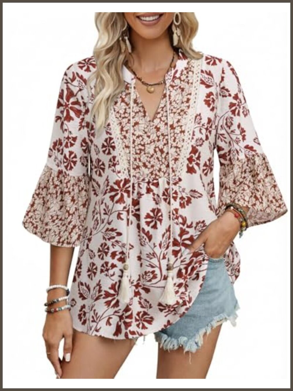 Boho Peasant Tunic Top V-Neck 3/4 Bell Sleeve Floral Blouse